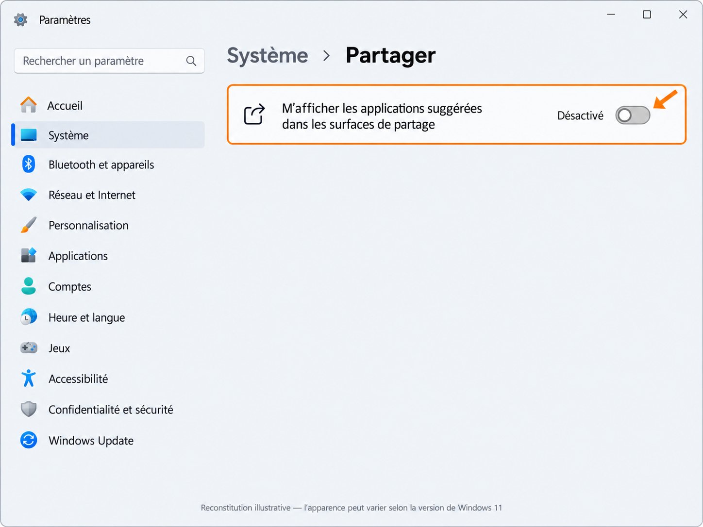 désactiver suggestions applications menu Partager Windows